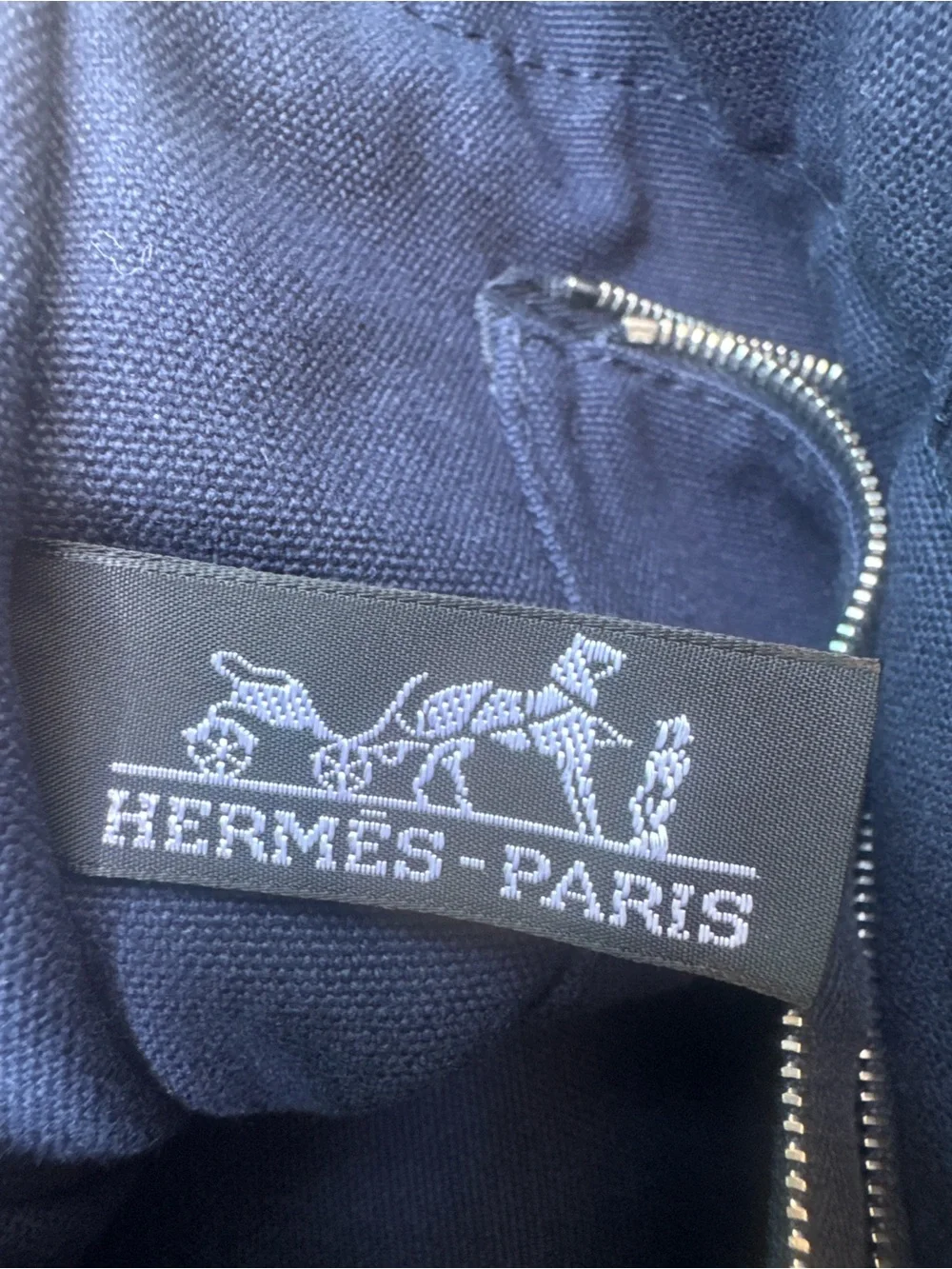 Hermes Navy Canvas Tote with Olive Straps